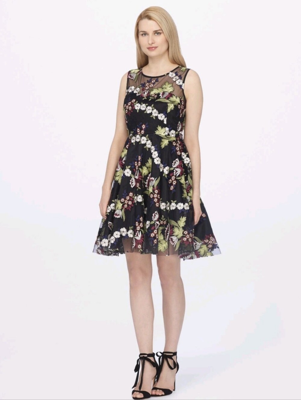 Tahari Arthur Levine embroidered Fit & Flare dress, sz 14, euc